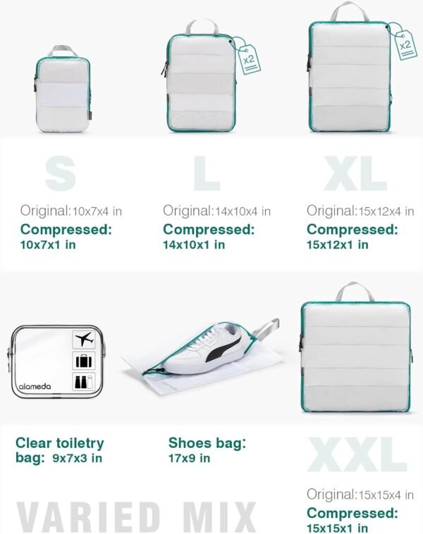 Large Compression Packing Cubes for Travel with See Through Mesh - Alameda 8 Set Packing Cubes for Suitcases Compression Series with Full-Zipper, Expandable Suitcase Organizer Bags Set, White - Image 6