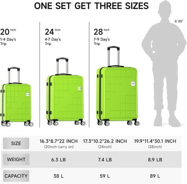 Luggage Sets ABS 3 Piece Set Lightweight Suitcase Sets with Spinner Wheels TSA Lock,Apple Green,3 Piece Set (20/24/28) - Image 7