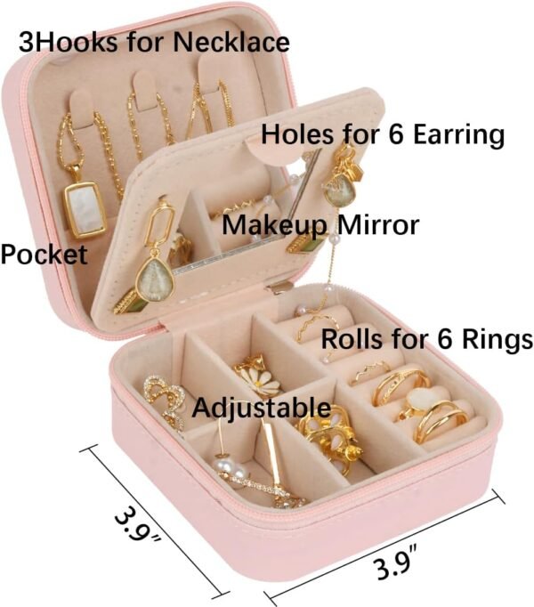 OceeK Jewelry Holder Organizer Case Pink with Mirror Travel Jewelry Case Travel Jewelry Box for Women Teen Girl GiftsWith Mirror,Pink,1 Pack - Image 3
