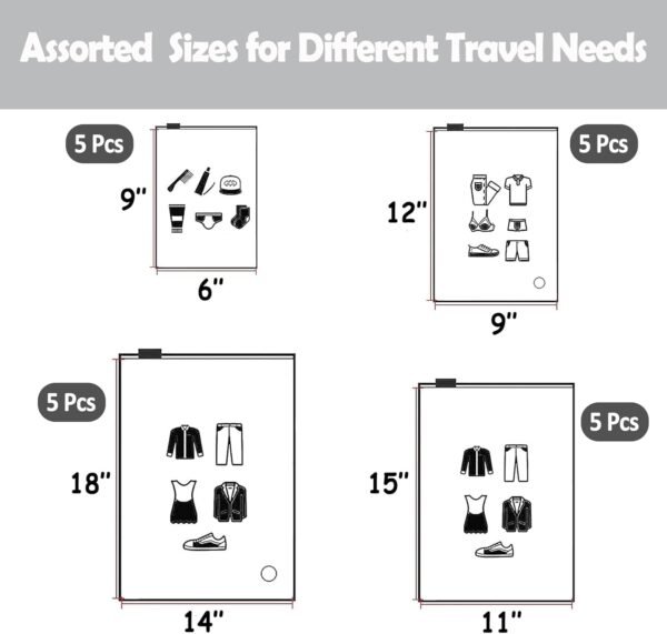 (20 pcs, 4 Sizes) Travel Luggage Organizer Bags, 4 Mil Slider Zip Plastic Clothing Packaging Bags, Travel/Home Storage and organizing pouches, Space Saver Bag (6''x9''-14‘’x18'') - Image 3