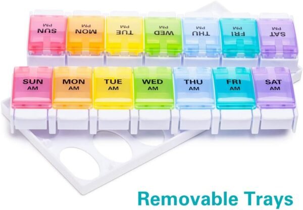 Sukuos AM PM Weekly 7 Day Pill Organizer 2 Times A Day, Large Daily Pill Box with Easy Push Button Design, Detachable Pill Case for Medicine/Vitamin/Fish Oil/Supplements (Rainbow) - Image 7
