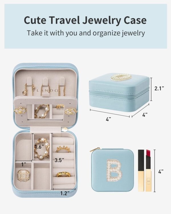 Vlando Travel Gifts 2024, Travel Jewelry Case for Girl Women, A Initial Jewelry Case, Mini Jewelry Travel Organizer Travel Essentials for Christmas Gifts for Friend Teen Girls - Letter B, Blue - Image 4