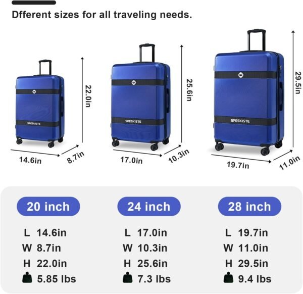 3 Piece Luggage Set, PC+ABS Lightweight Suitcase Sets with Spinner Wheels, Expandable Hardside Carry-On Luggage with TSA Lock Blue (20/24/28) - Image 8