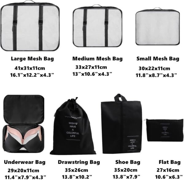 8 Set Packing Cubes Laundry Pouch, Travel Storage Bag Organizers, Travel Luggage Organizer Pouch, Travel Cubes with Large Toiletries Bag, Shoe Bag for Travel Carry On Suitcase Clothes (Black) - Image 4
