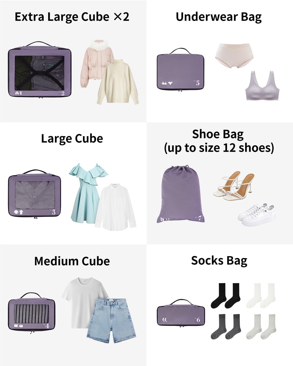 ECOHUB 7 Set Packing Cubes Tear-Resistant Luggage Packing Organizers with Number Icon for Travel Accessories Luggage Suitcase Machine Washable Packing Cubes (Purple) - Image 9