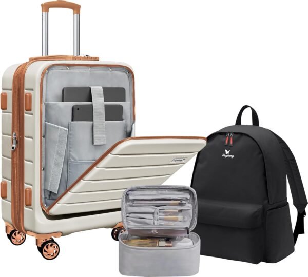 SmileLine Hardside Expandable Luggage W/Quick Access Front Open Pocket Lightweight Carry-on with Makeup Bag, White-Brown, 3 Piece Set - Image 2