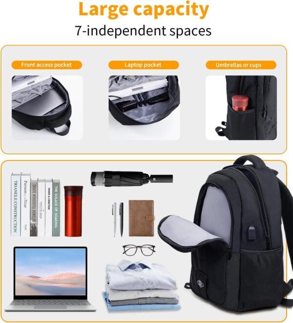 Zecti Black Travel Laptop Backpack for Men Women Durable Carry on Backpack for Work, Travel, College Backpack with USB Charging Hole, Water Resistant, Large Capacity - Image 4