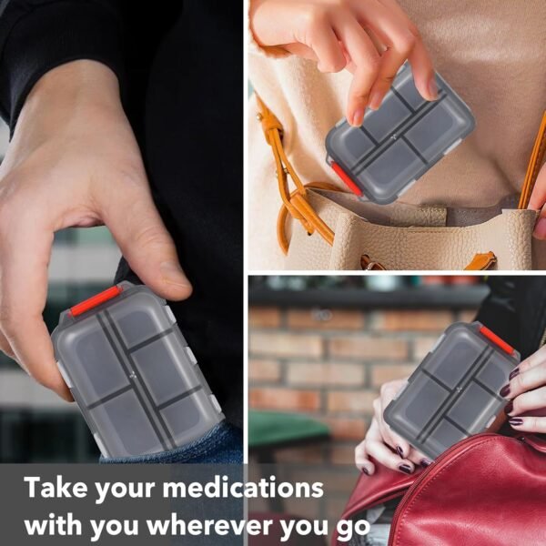 1Pack Travel Pill Organizer with 189 Medicine Label, 10 Compartments Small Pill Case Compact and Portable Travel Pill Box for Airplane Car Purse Nurse Vacation Essentials (Gray) - Image 6