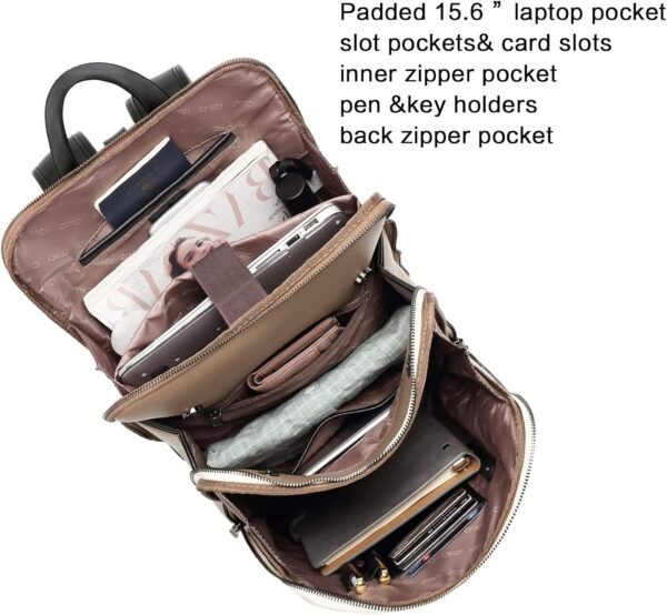 CLUCI Womens Backpack Purse Leather 15.6 inch Laptop Backpack for Women College Travel Backpack Casual Bag Daypack Beige with apricot and black - Image 4