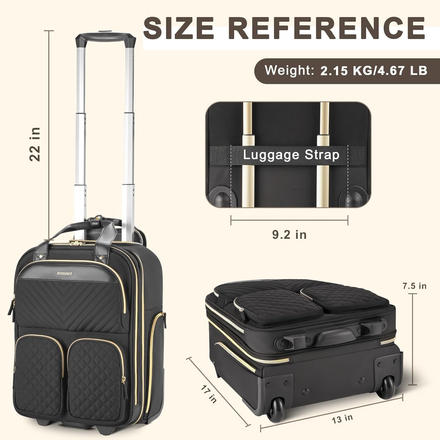 Small Underseat Carry On Luggage with Wheels, Lightweight Travel Airline Approved Personal Item Bag, Multiple Compartments Carry-On Rolling Suitcase for Women, Black Gold - Image 6