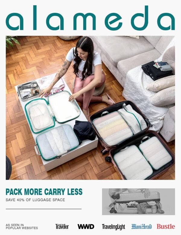 Large Compression Packing Cubes for Travel with See Through Mesh - Alameda 8 Set Packing Cubes for Suitcases Compression Series with Full-Zipper, Expandable Suitcase Organizer Bags Set, White - Image 5