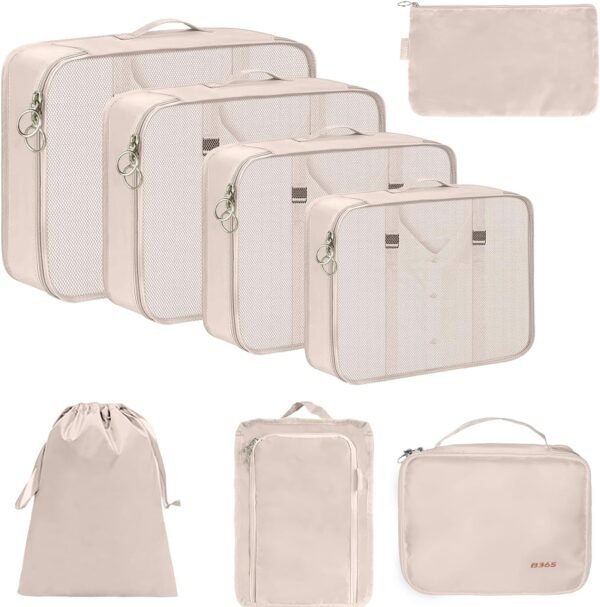 Packing Cubes, 8 Set Packing Cubes for Suitcases - Travel Bag for Travel Size Essentials Accessories, Compression Storage Shoe Bag, Clothing Underwear Bag, for Man & Women (8 Pack, champagne) - Image 2