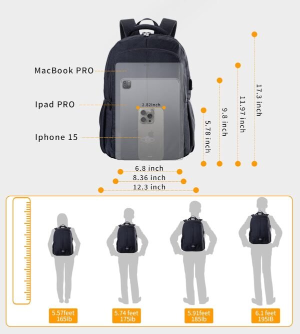 Zecti Black Travel Laptop Backpack for Men Women Durable Carry on Backpack for Work, Travel, College Backpack with USB Charging Hole, Water Resistant, Large Capacity - Image 8