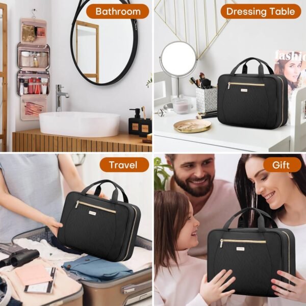 Women's Travel Toiletry Bag - Hanging Makeup Organizer for Accessories, Shampoo, Full-size Containers, Toiletries - Medium Black - Image 5