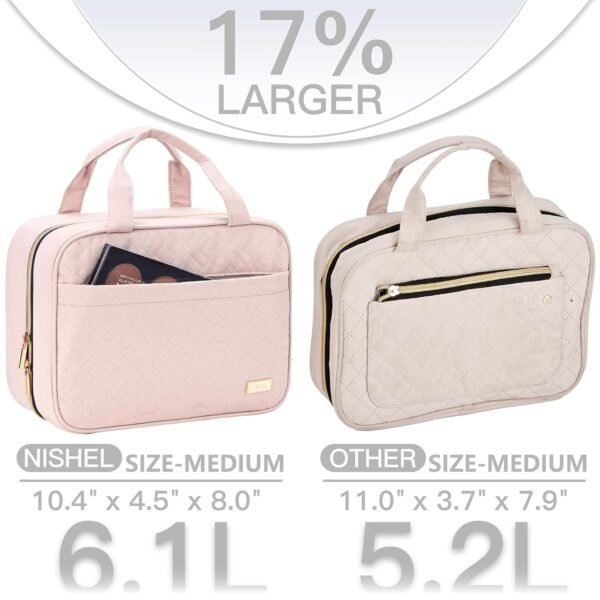 NISHEL Travel Toiletry Bag for women, Portable Hanging Organizer for Travel-Sized Shampoo, Conditioner, Brushes Set, makeup Accessories, Medium Size, Pink - Image 4