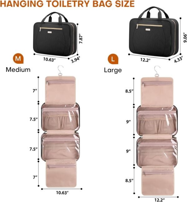Women's Travel Toiletry Bag - Hanging Makeup Organizer for Accessories, Shampoo, Full-size Containers, Toiletries - Medium Black - Image 4