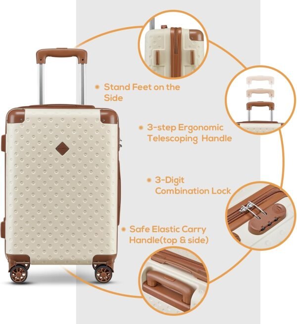 Joyway Carry on Luggage 20 Inch Suitcase Set 3 Piece with Spinner Wheels,Hardside Carry on suitcase 22x14x9 Airline Approved with Combination Lock(20-Inch, White Brown) - Image 5