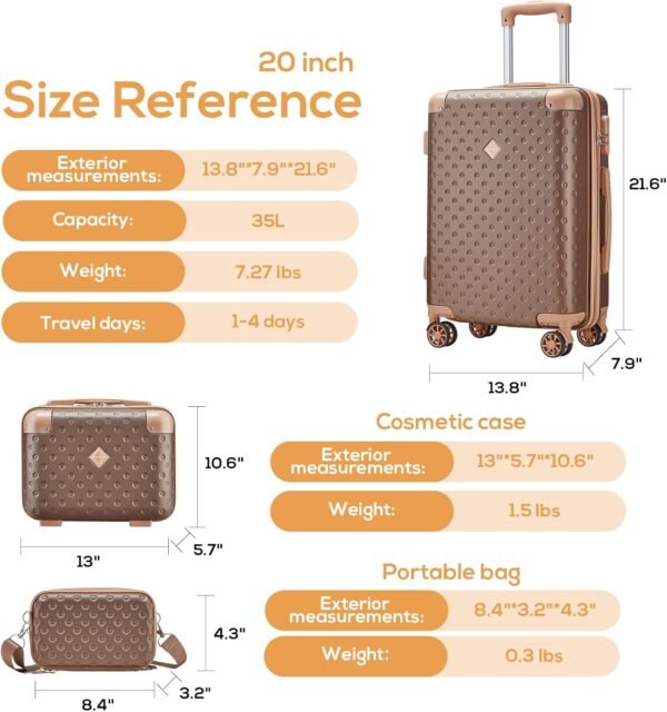 Joyway Carry on Luggage 20 Inch Suitcase Set 3 Piece with Spinner Wheels,Hardside Carry on suitcase 22x14x9 Airline Approved with Combination Lock(20-Inch, Brown) - Image 8