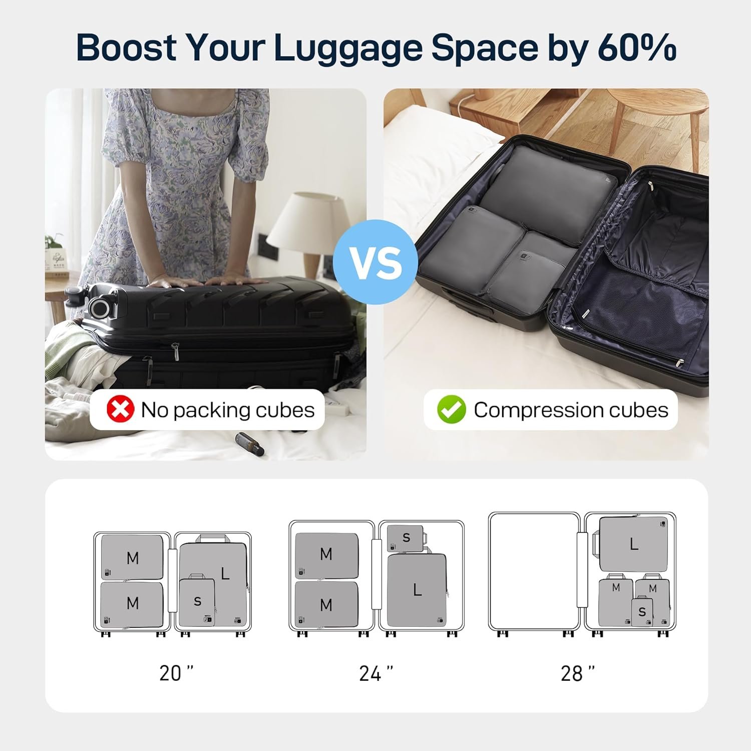 EPICKA Ultra-Lightweight Compression Packing Cubes - 4 Set Water Resistant Durable Travel Organizers Bags, Expandable Travel Accessories for Carry on, Luggage, Suitcase, Backpack (Dark Grey) - Image 6