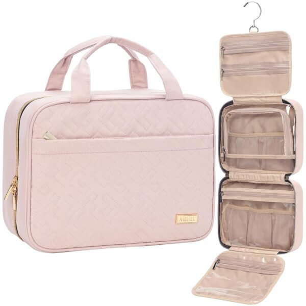 NISHEL Travel Toiletry Bag for women, Portable Hanging Organizer for Travel-Sized Shampoo, Conditioner, Brushes Set, makeup Accessories, Medium Size, Pink - Image 2