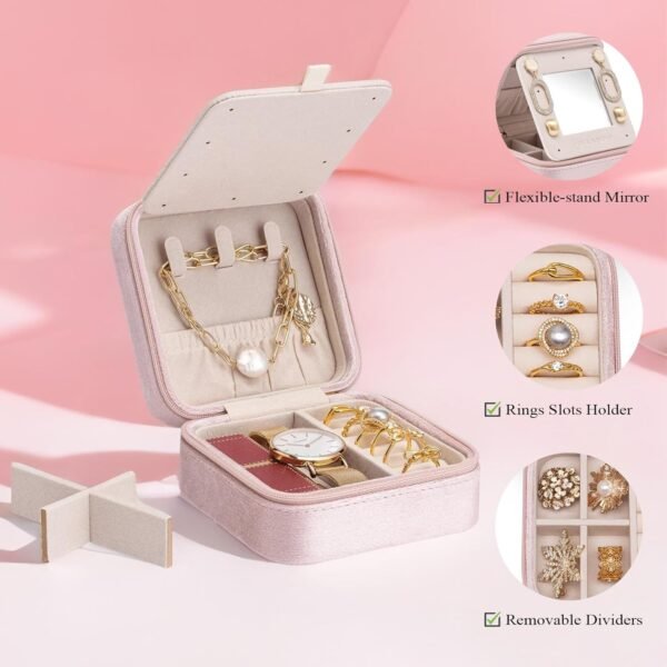 Vlando Small Travel Jewelry Box Organizer Display Case for Rings Earrings Necklaces Storage, Selected Soft Velvet, Letter K Engraved, Pink - Image 4