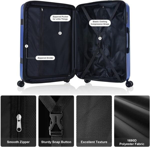 3 Piece Luggage Set, PC+ABS Lightweight Suitcase Sets with Spinner Wheels, Expandable Hardside Carry-On Luggage with TSA Lock Blue (20/24/28) - Image 9