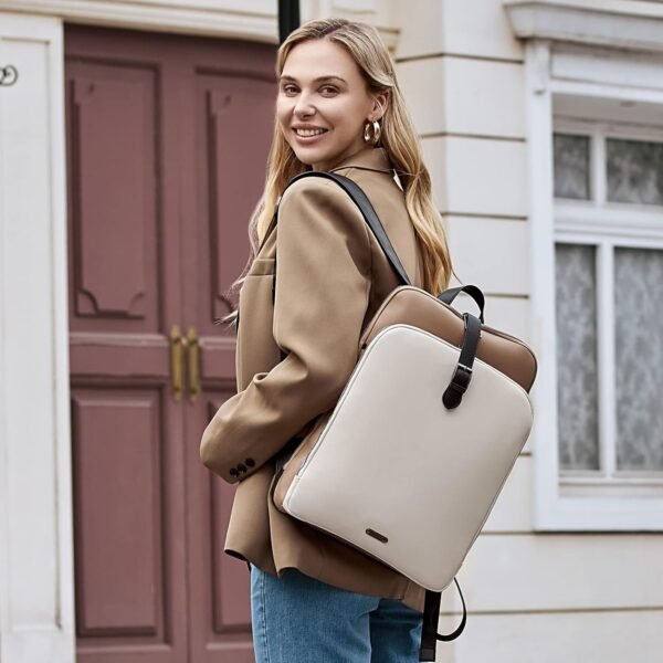 CLUCI Womens Backpack Purse Leather 15.6 inch Laptop Backpack for Women College Travel Backpack Casual Bag Daypack Beige with apricot and black - Image 3