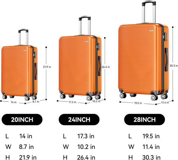 Luggage Sets Lightweight 3 Piece Luggage Set ABS Suitcase Sets with Spinner Wheels TSA Lock,Orange,3 Piece Set (20/24/28) - Image 7