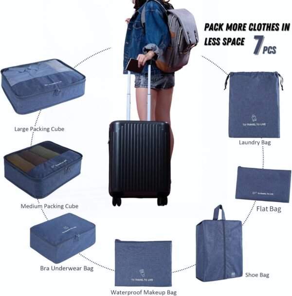 7 Pcs Set Travel Packing Cubes for Suitcases | Compression Packing Cubes for Luggage | Lightweight Packing Organizers | Organizer Cubes for Travel Essentials | Travel Accessories (Dark Blue) - Image 4