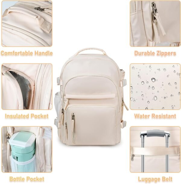Travel Backpack for Women, Extra Large 40L Flight Approved Carry on Backpack, Expandable Weekender Bag Fit 17 Inch Notebook, College Business Casual Daypack with Shoe Bag, Beige - Image 8