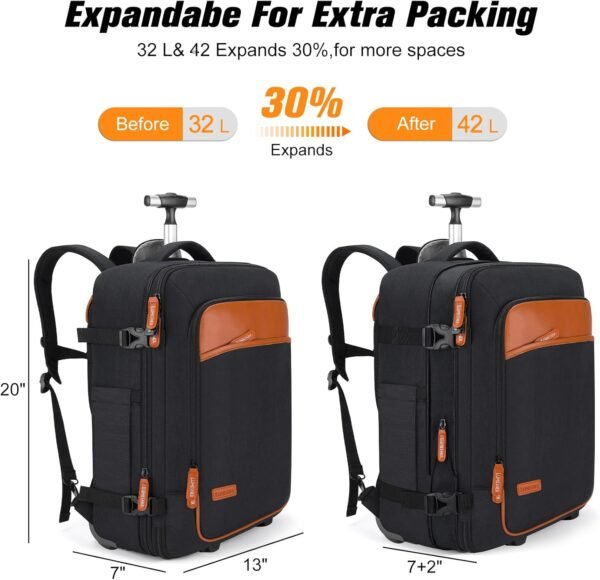 Lumesner rolling backpack, 17-inch water-resistant wheeled laptop backpack, carry-on luggage for business trips, overnight stays, or college use, a trolley suitcase for men and women，Black - Image 4
