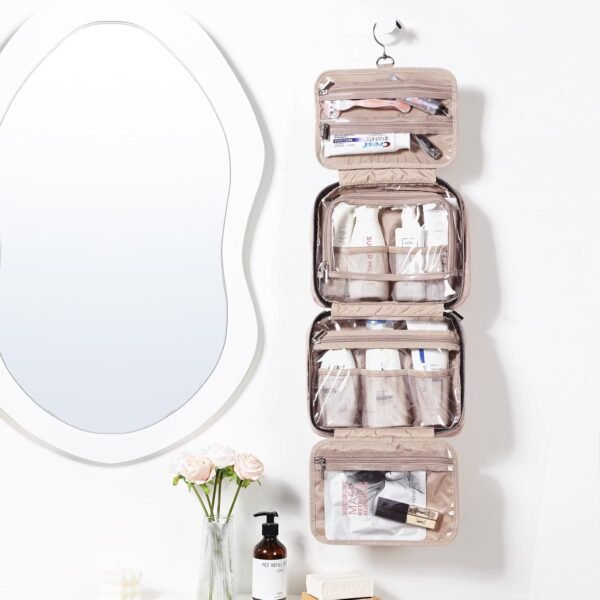 NISHEL Travel Toiletry Bag for women, Portable Hanging Organizer for Travel-Sized Shampoo, Conditioner, Brushes Set, makeup Accessories, Medium Size, Pink - Image 3