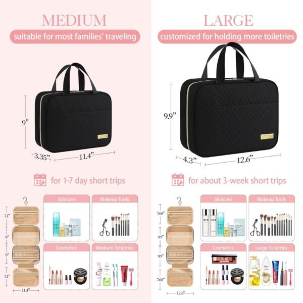 HOTOR Travel Toiletry Bag - Toiletry Bag w/Hanging Hook - Spacious Toiletry Bag for Women & Men, Makeup Bag/Big Comparment, Waterproof for Travel Accessories, Travel Essentials, Medium, Black - Image 4