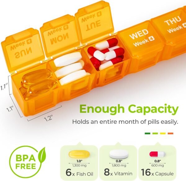 AUVON Monthly Pill Organizer Moistureproof, Large 28 Days Pill Case with Removable 4 Weeks Pill Box Rows, Travel-Friendly Pill Container for Fish Oils, Vitamins, Supplements and Medications - Image 5