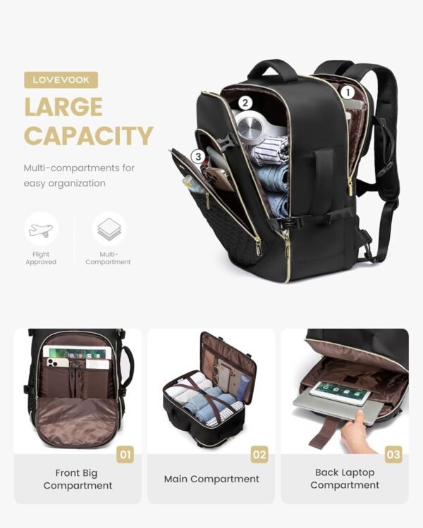 LOVEVOOK Large Travel Backpack for Women, 40L Carry On Backpack Flight Approved,Waterproof Suitcase with 3 Packing Cubes, Anti-Theft Business College Weekender Overnight Daypack, Black - Image 5
