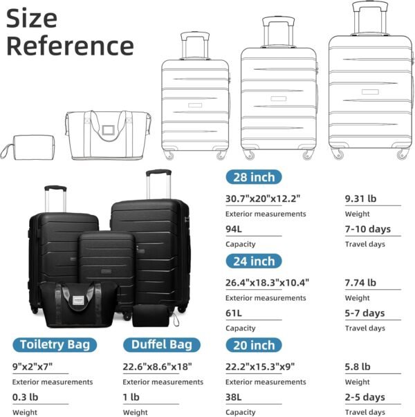 LARVENDER Luggage Sets 5 Piece, Expandable Luggage Hardside PP Suitcase Sets with Spinner Wheels TSA Lock, Lightweight Rolling Suitcase for Men and Women,Black - Image 8