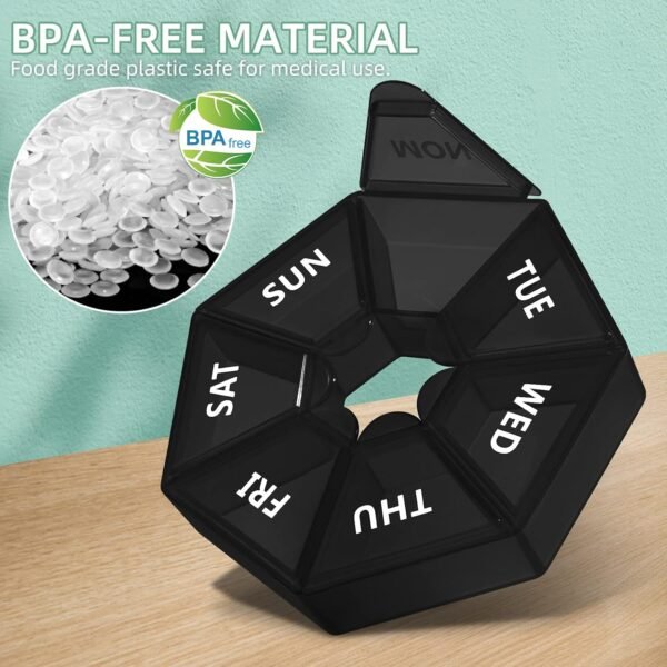 Gelibo,Weekly Pill Organizer, 2 Pack Portable Travel Pill Box Dispenser Medicine case 6 Colors (Seven Day) New Edition for Vitamin/Fish Oil/Pills/Supplements-Arthritis Friendly (Black) - Image 4