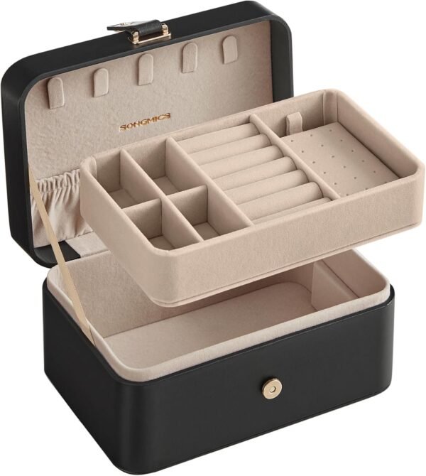 SONGMICS Jewelry Box, Travel Jewelry Case, 2-Layer Jewelry Holder Organizer, 4.6 x 6.3 x 3 Inches, Portable, Versatile Earring Storage, for Larger Accessories, Gift Idea, Ink Black UJBC166B01 - Image 10