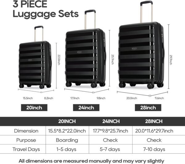 PP material 3-piece expandable luggage sets with Spinner Wheels， Suitcase with TSA Lock，Large Luggage for Family Travel carry on 20/24/28，Black color - Image 10