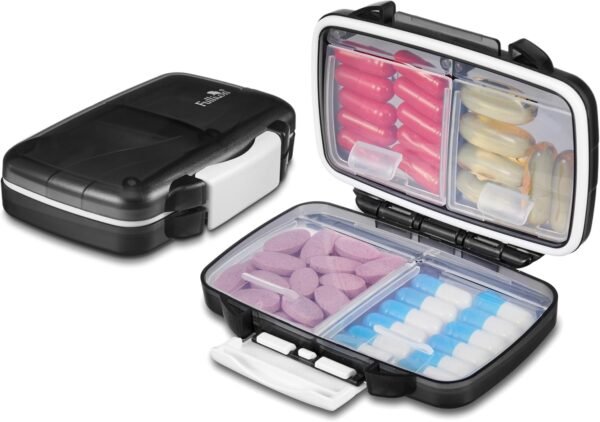 Fullicon 2 Pack Travel Pill Organizer, 4 Compartments Portable Pill Case, Moisture Proof Small Pill Box with Labels, Travel Pill Case with Double Lock, Pocket Pharmacy for Vitamin D3 (Black) - Image 2