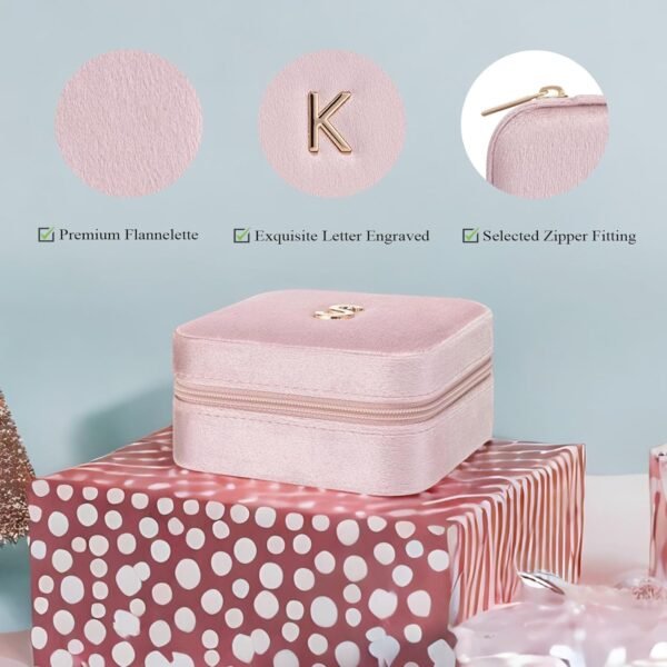 Vlando Small Travel Jewelry Box Organizer Display Case for Rings Earrings Necklaces Storage, Selected Soft Velvet, Letter K Engraved, Pink - Image 3