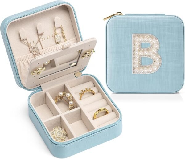 Vlando Travel Gifts 2024, Travel Jewelry Case for Girl Women, A Initial Jewelry Case, Mini Jewelry Travel Organizer Travel Essentials for Christmas Gifts for Friend Teen Girls - Letter B, Blue - Image 2