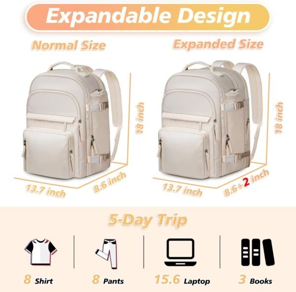 Travel Backpack for Women, Extra Large 40L Flight Approved Carry on Backpack, Expandable Weekender Bag Fit 17 Inch Notebook, College Business Casual Daypack with Shoe Bag, Beige - Image 4