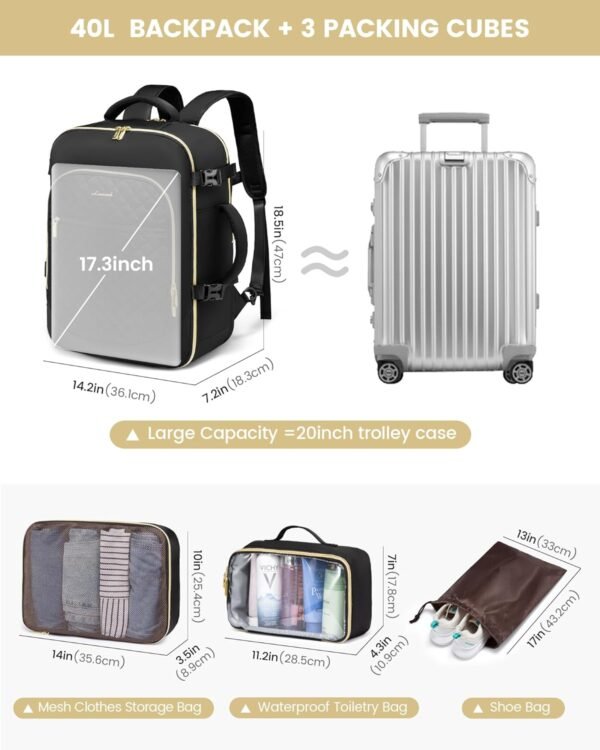 LOVEVOOK Large Travel Backpack for Women, 40L Carry On Backpack Flight Approved,Waterproof Suitcase with 3 Packing Cubes, Anti-Theft Business College Weekender Overnight Daypack, Black - Image 3