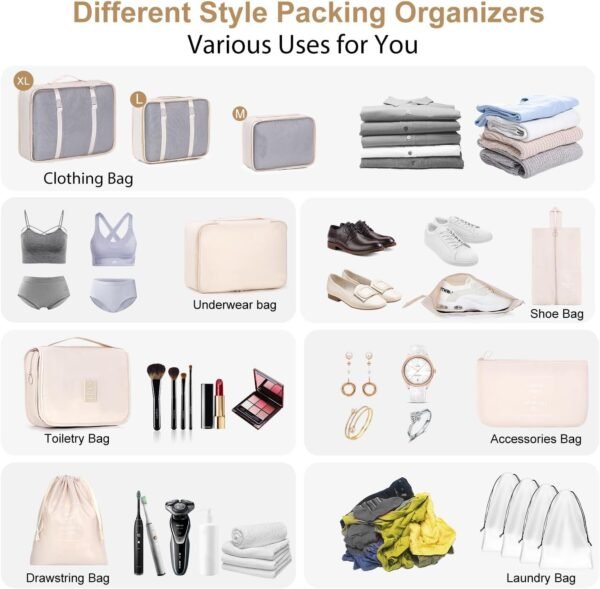 12 Set Packing Cubes for Suitcases, Various Sizes Packing Organizer Bags Set for Travel Accessories Luggage Carry On, BESBESME Travel Essentials for Clothes Shoes Cosmetics Toiletries, Beige - Image 4