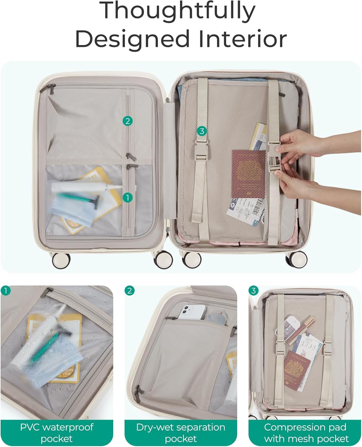 BAGSMART Carry On Luggage 22x14x9 Airline Approved with Spinner Wheels, Travel TSA Approved 100% PC Hard Shell Suitcases, 20 Inch Expandable Luggage with TSA Lock, Beige - Image 4