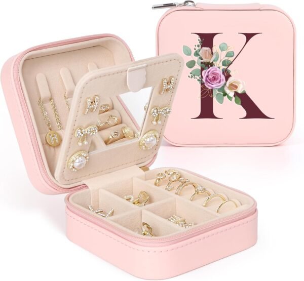 2024 Gifts for Her - Travel Jewelry Case, Small Travel Jewelry Organizer Box, Personalized Initial Pink Travel Jewelry Box Gifts for Women Teens Girls - Image 2