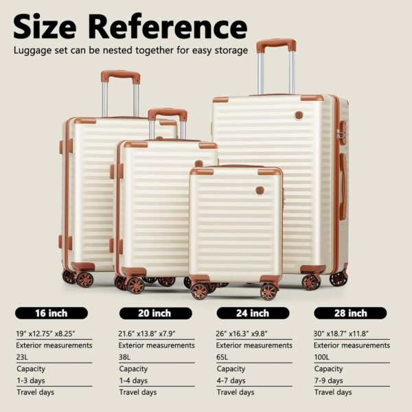 Joyway Luggage Sets 4 Piece Suitcase Set, Hardside Carry on Suitcase Sets with Spinner Wheels and Combination Lock, Travel Luggage Set for Women, Beige Brown - Image 3