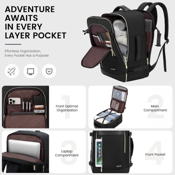 LOVEVOOK Travel Backpack for Women & Men, 45L Carry On Backpack, Personal Item Bag with 3 Packing Cubes, Business Weekender Overnight Luggage Daypack, Fits 18 Inch Laptop, Black - Image 4