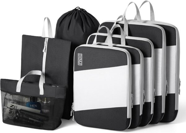 Packing Cubes for Travel, DIMJ Large Capacity Compression Packing Cubes Sturdy Compression Packing Cubes Travel, Packing Cubes for Suitcases with Mesh Toiletry Bag, 8 Pack, White and Black - Image 2